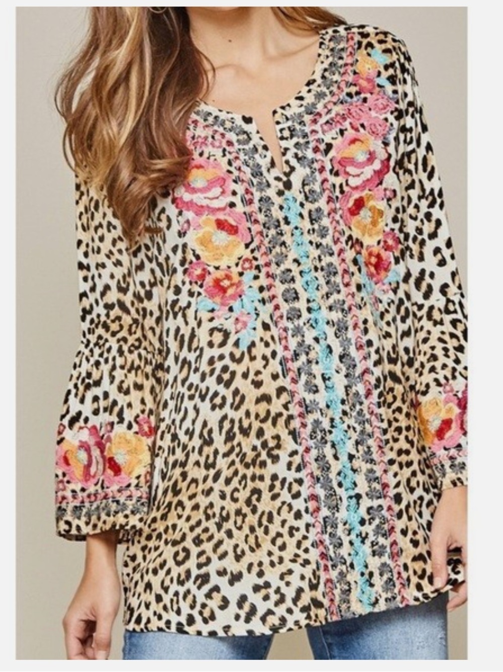 Savanna Jane Embroidered Leopard Boho Top Size 2X Like New - Picture 2 of 4